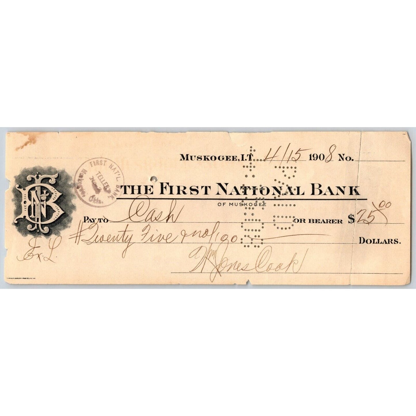 Muskogee, OK 1908 Indian Territory* FNB Bank Check - Scarce