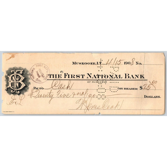 Muskogee, OK 1908 Indian Territory* FNB Bank Check - Scarce