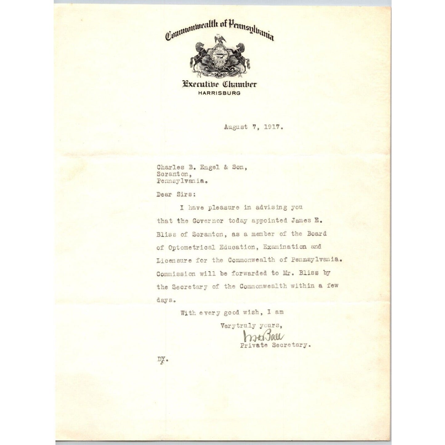 Commonwealth of Pennsylvania Executive Chamber 1917 "Engel" Letterhead