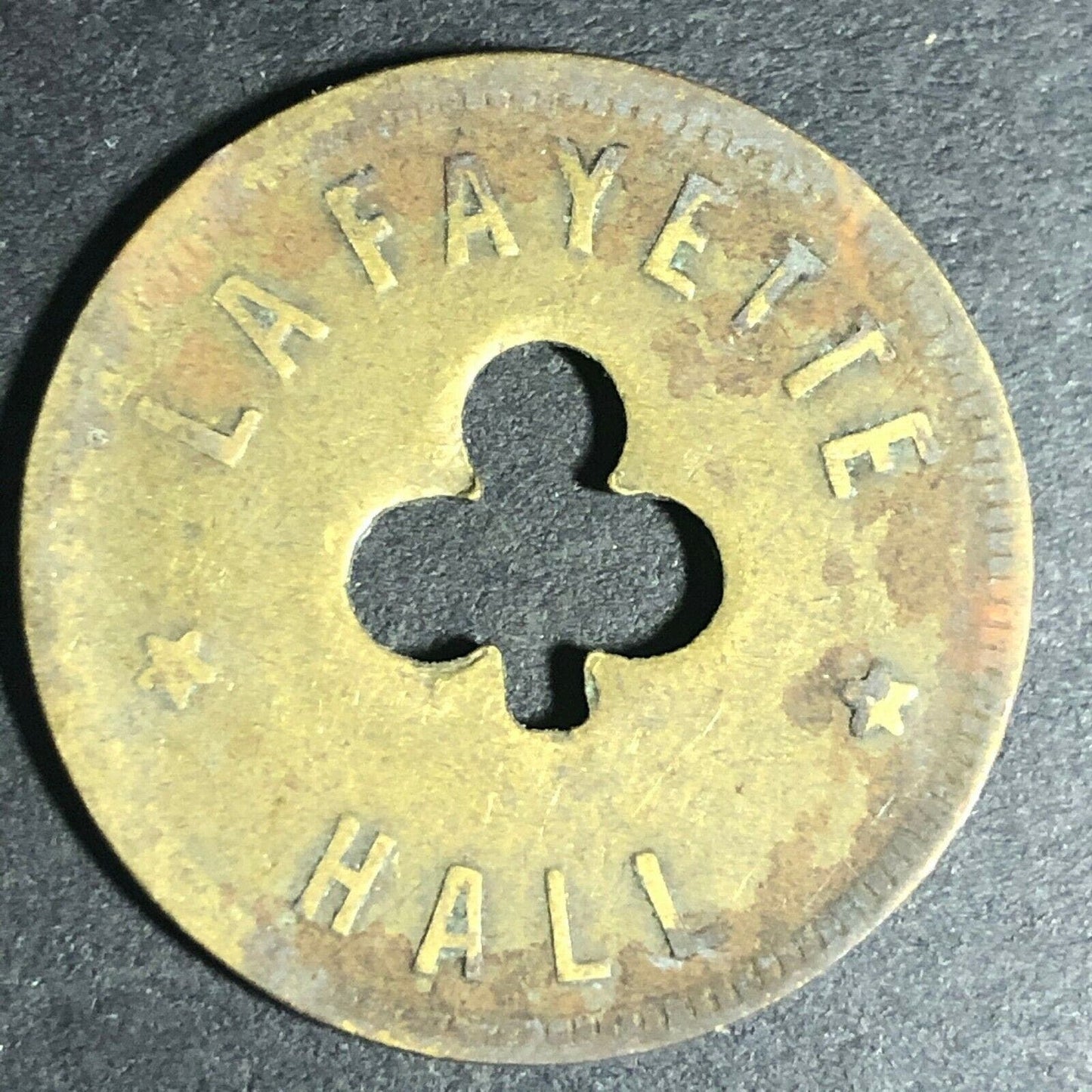 24.5mm Brass Lafayette Hall (Saloon Sacramento, CA) Token Clover Shamrock (#18)