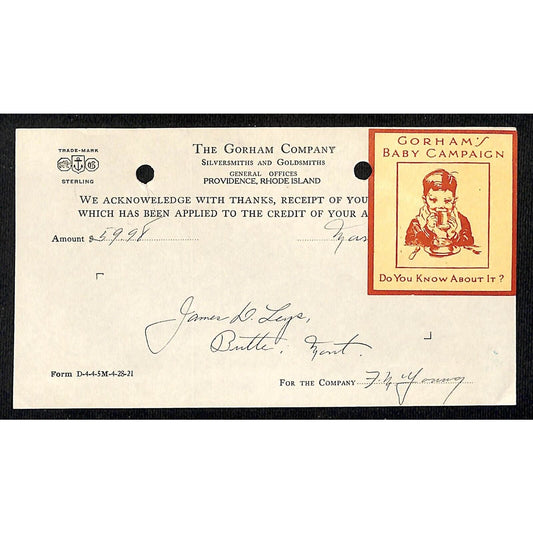Gorham Company Silver c1921-25 Leys Jewelry Billhead / Receipt "Baby Campaign"