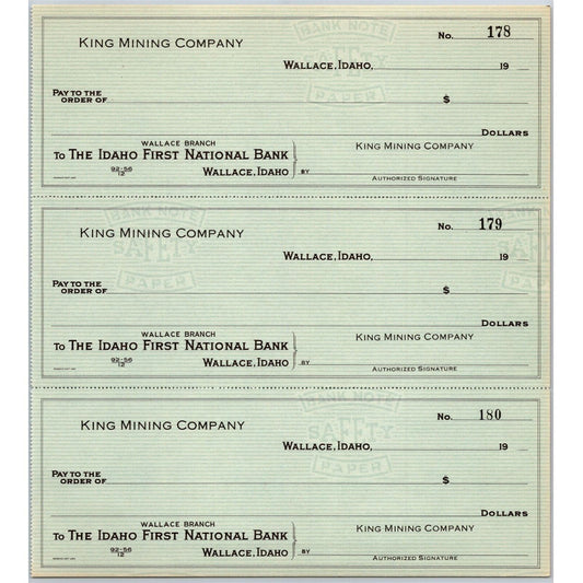 King Mining Company Wallace, ID Idaho First National Bank Check Sheet c1943-50's