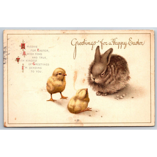 Easter Postcard Bunny Rabbit and 2 Baby Chicks Poem c1920
