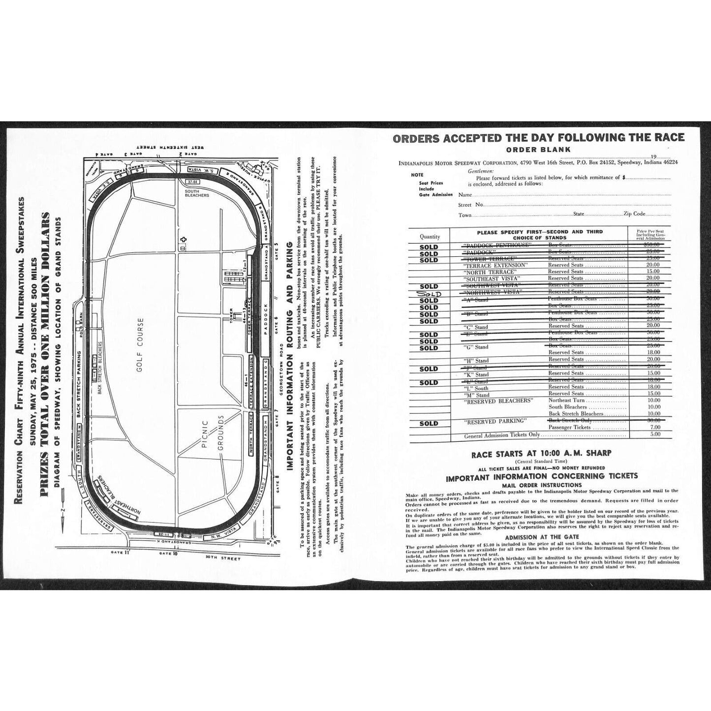 1975 Indy 500 Indianapolis IMS Unused Ticket Info Order Form Sheet w/ Map Scarce