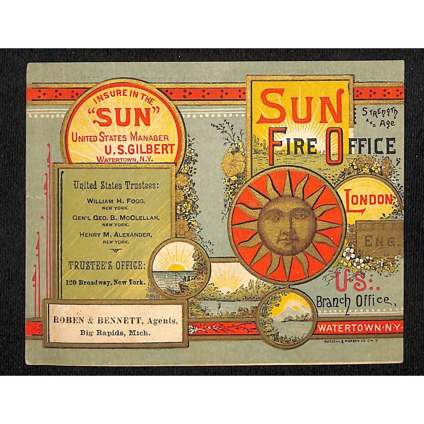 "Sun Fire Office" London / Big Rapids, MI 1884 Victorian Trade Card Scarce VGC