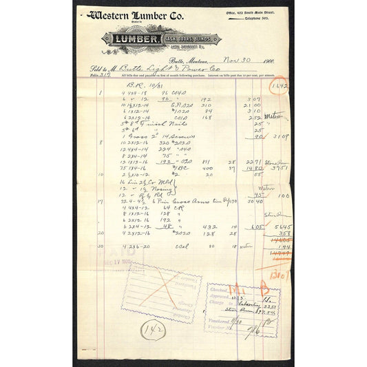 Butte, MT Western Lumber Co. 1900 Long Letterhead to Butte Light & Power