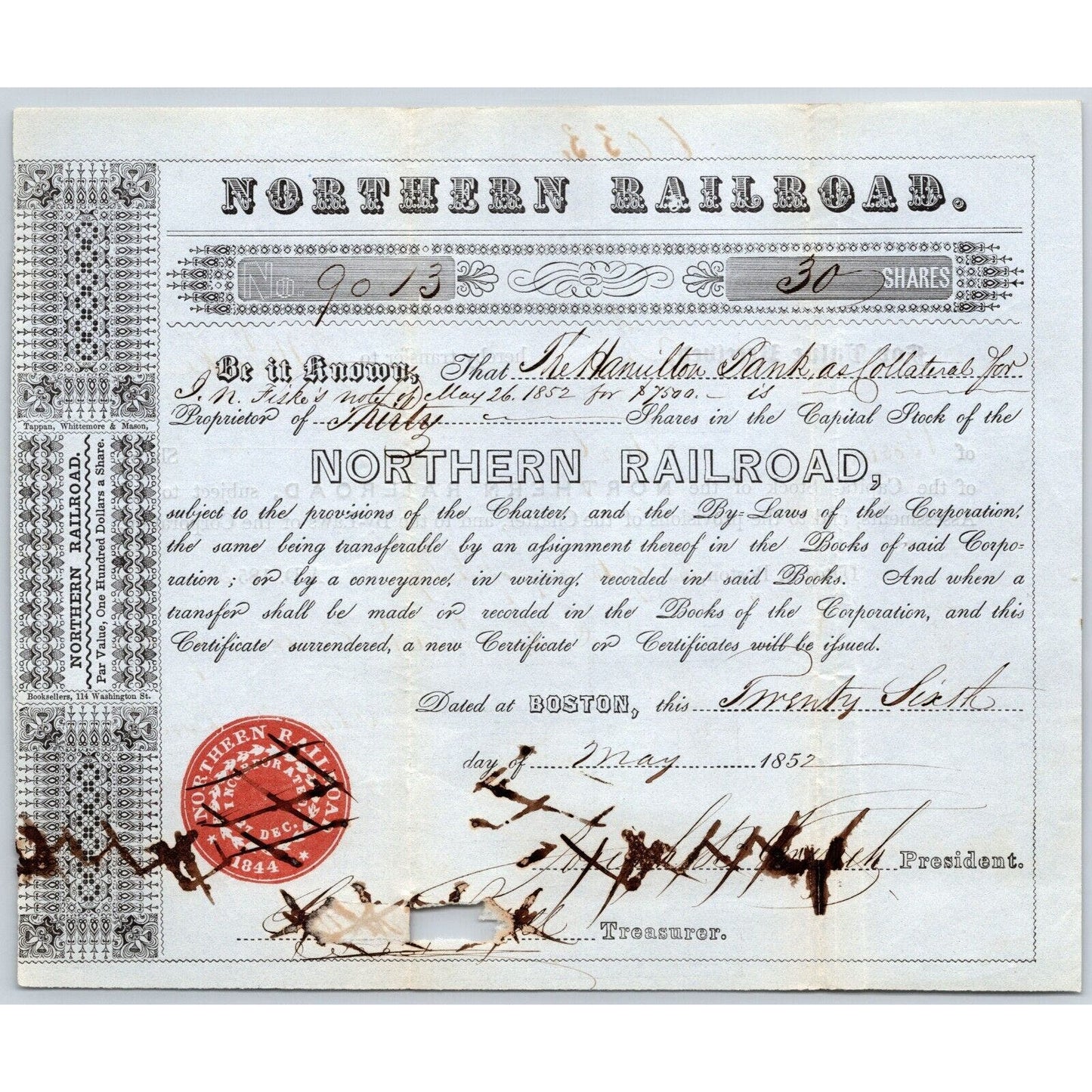 1852 Boston, MA Northern Railroad Stock Certificate No. 9013 for 30 Shares