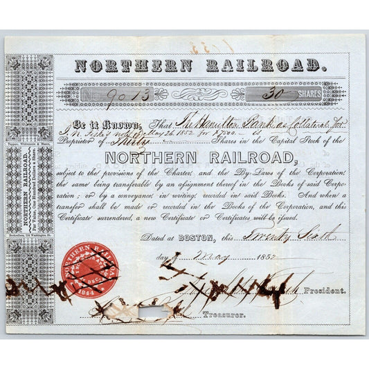 1852 Boston, MA Northern Railroad Stock Certificate No. 9013 for 30 Shares