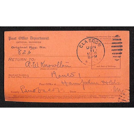 Hampden Highlands, ME 1910 Post Office Registry Return Receipt Post Card