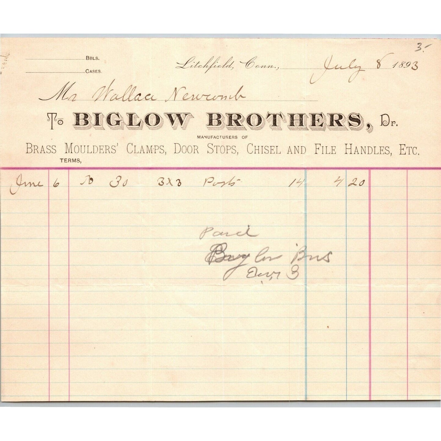 Biglow Brothers 1893 Letterhead Litchfield, Conn Brass Moulders' Clamps Handles