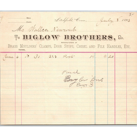 Biglow Brothers 1893 Letterhead Litchfield, Conn Brass Moulders' Clamps Handles
