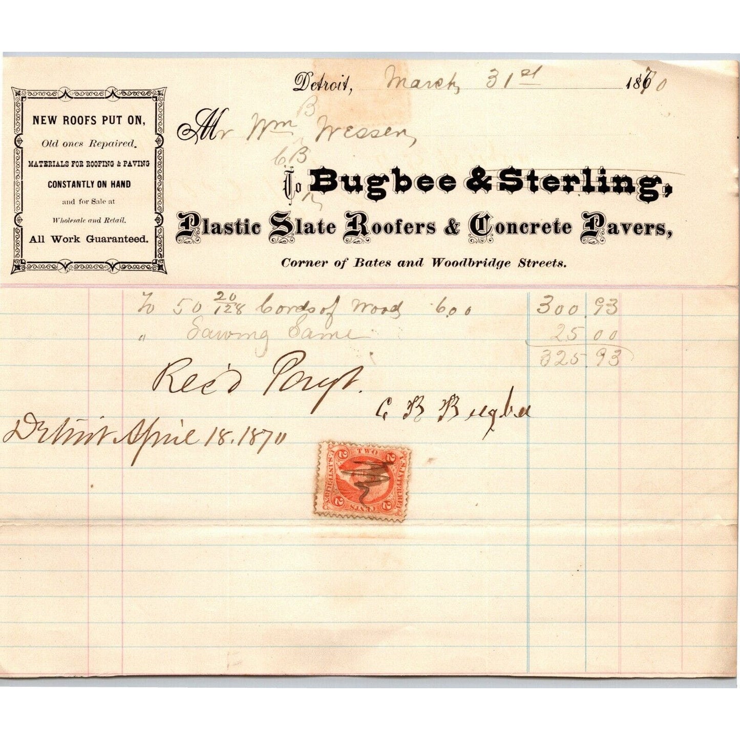 Detroit Letterhead Bugbee & Sterling "Plastic Slate Roofers" - 1870 w/ Rev Stamp