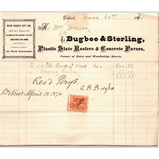 Detroit Letterhead Bugbee & Sterling "Plastic Slate Roofers" - 1870 w/ Rev Stamp
