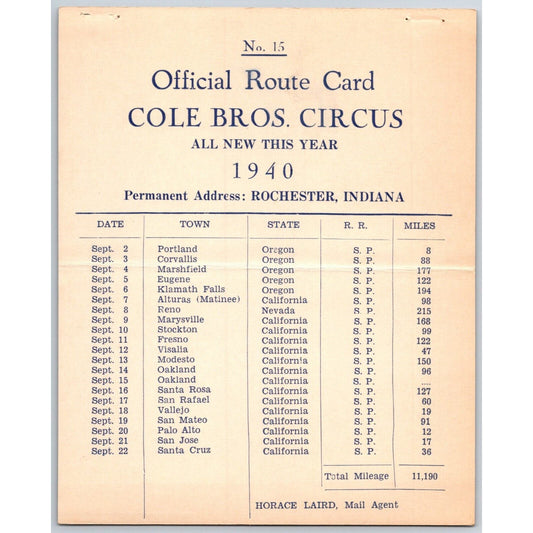 1940 Cole Bros Circus Route Card Oregon California Nevada
