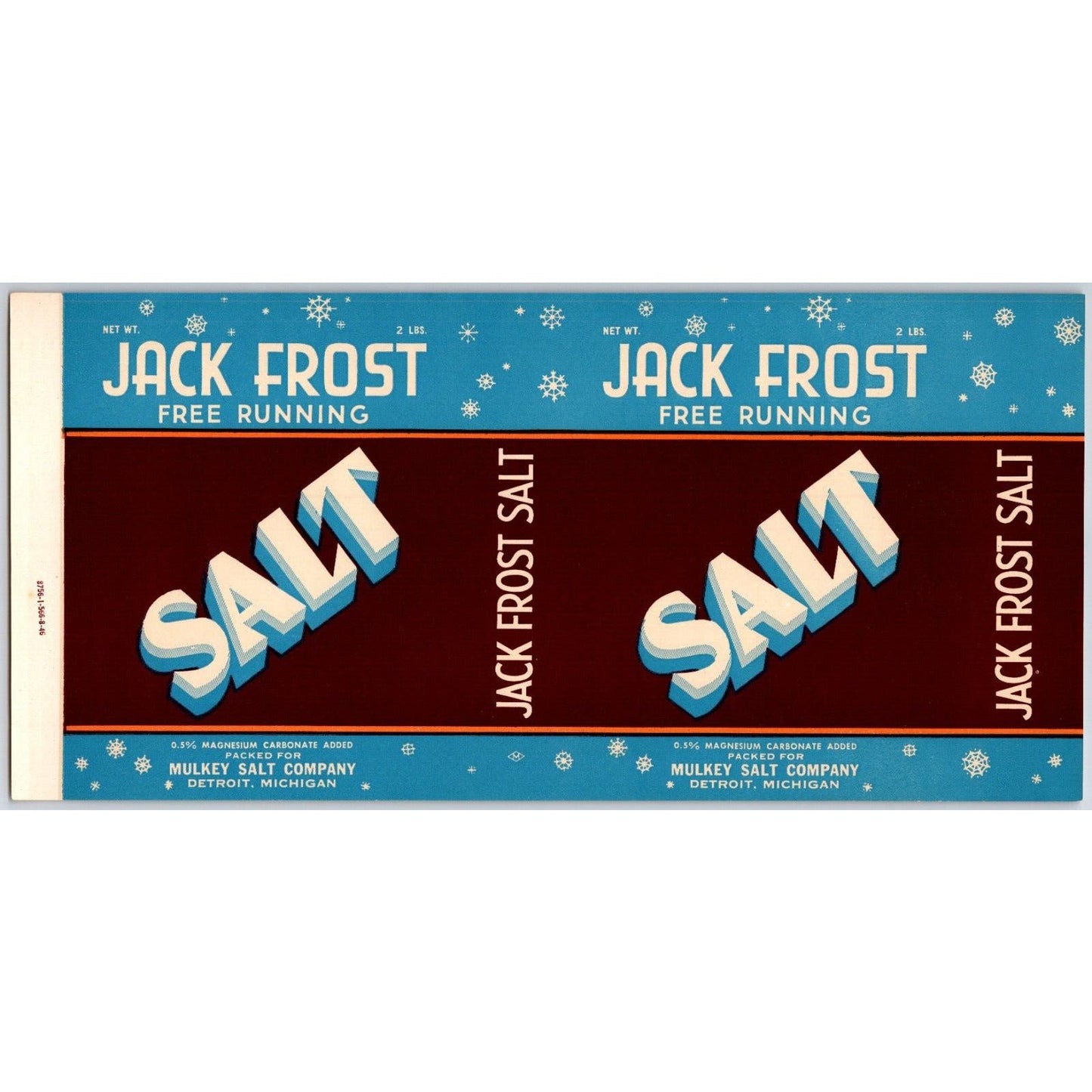 Jack Frost Free Running Salt Paper Label 1946 - Mulkey Salt Co. Detroit Scarce