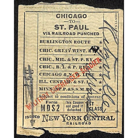 New York Central Railroad 1919 Ticket "Discharged Military Soldier" #347
