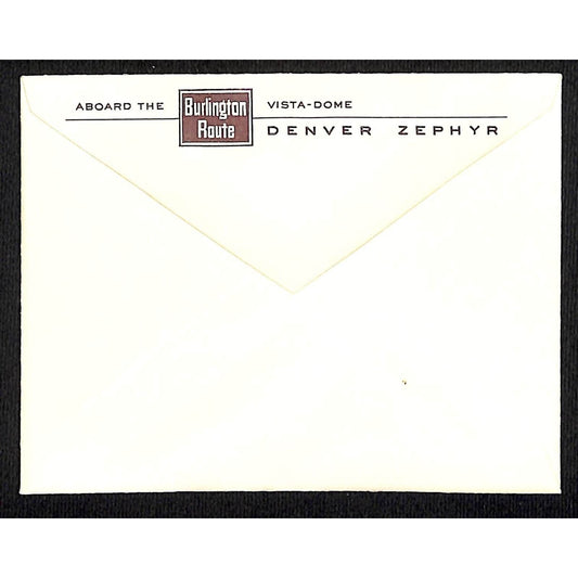 Aboard the Burlington Route Vista-Dome Denver Zephyr Railroad Envelope NOS