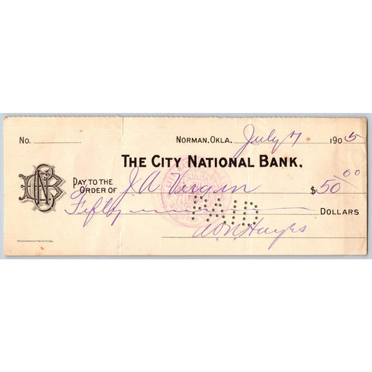 Norman, Oklahoma Territory 1905 $50 "City National Bank" Check Scarce