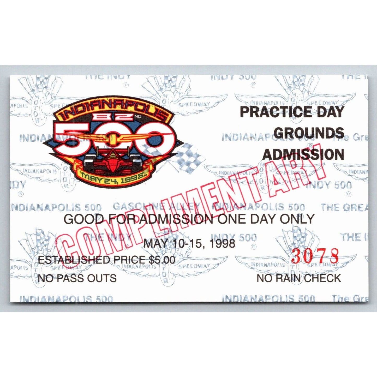 1998 Indy 500 Practice Day Grounds Admission Comp Ticket Pass Card IMS #3078 VGC