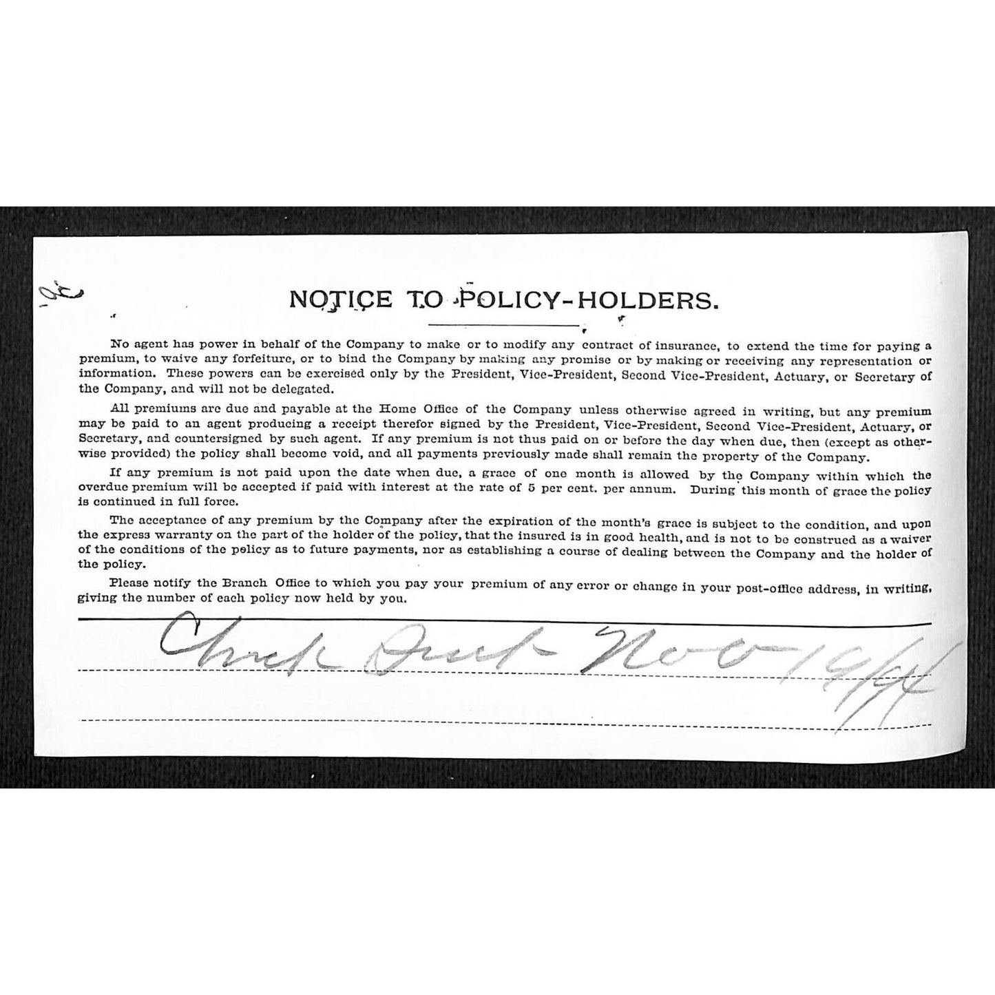 1894 New York Life Insurance Premium Notice Card - VGC