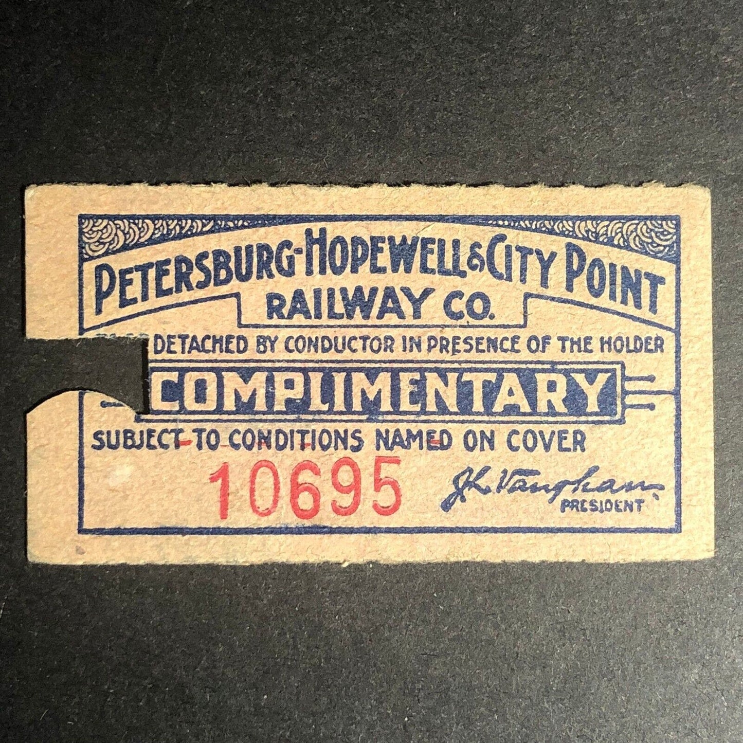 Petersburg Hopewell & City Point Railway Complementary Ticket - Scarce