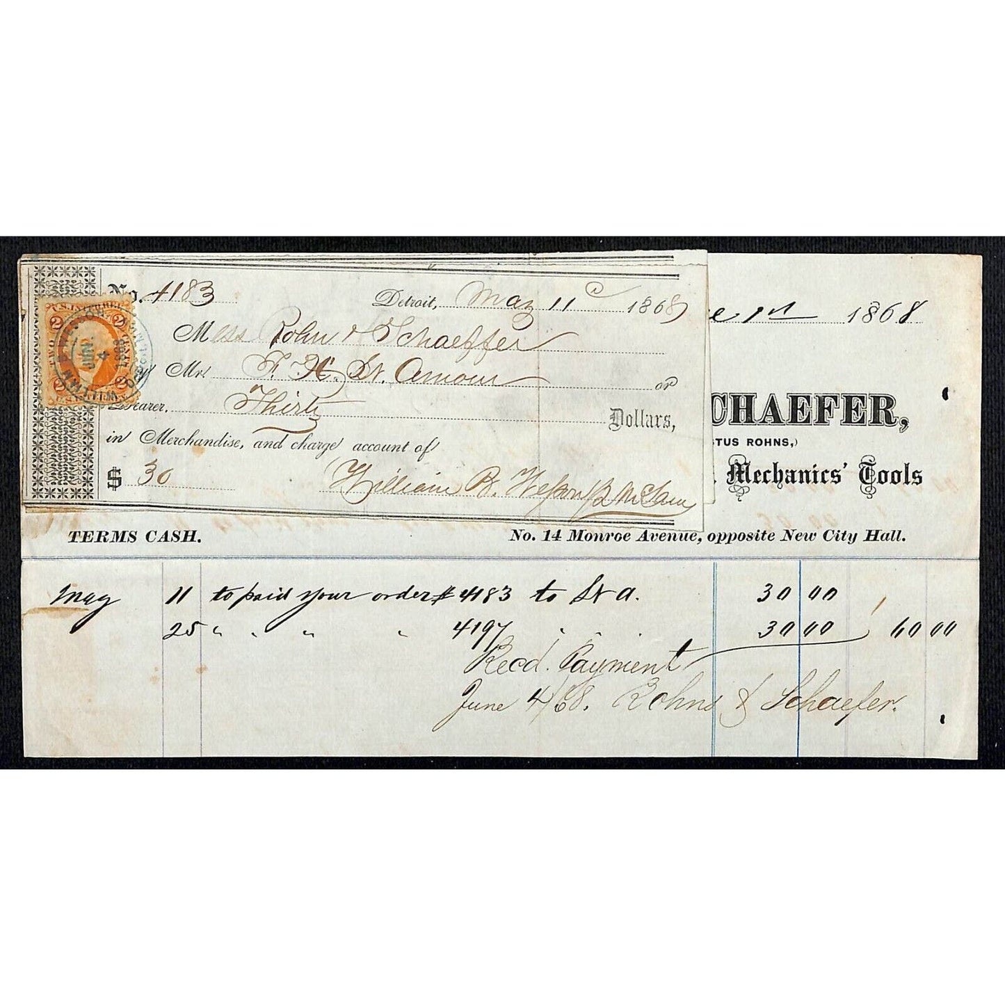 Detroit Letterhead Rons & Schaefer Hardware Cutlery Stoves 1868 w/ 2 Rev Stamps