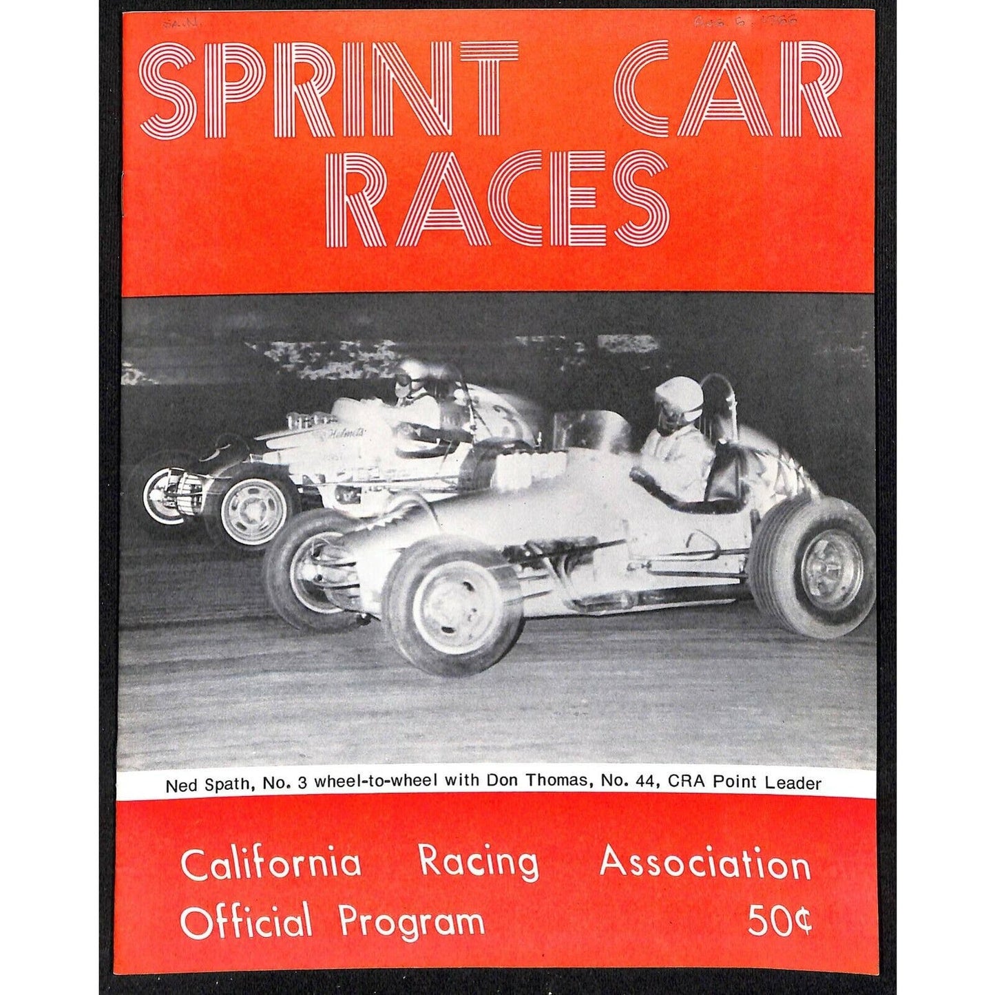 Scarce 8/6 1966 Sprint Car Auto Racing CRA Program Whiteman Speedway 16pp.