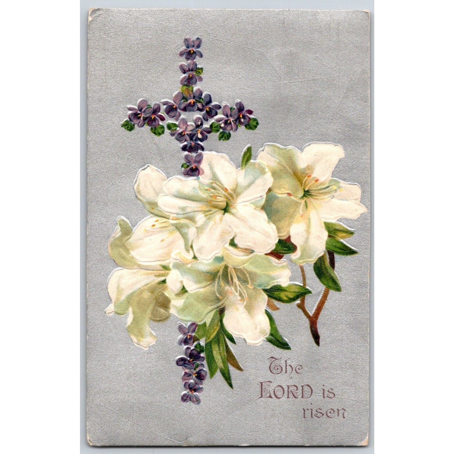 Vintage Easter Postcard "The Lord is Risen" Floral Cross Silver Background