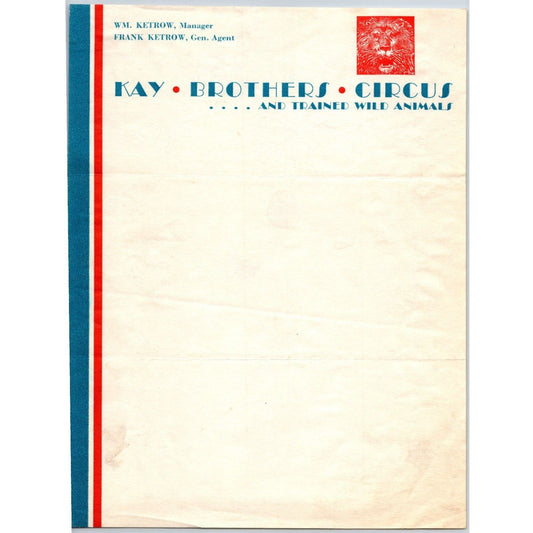 Kay Brothers Circus Trained Wild Animals Letterhead Ketrow c1932-38 Scarce