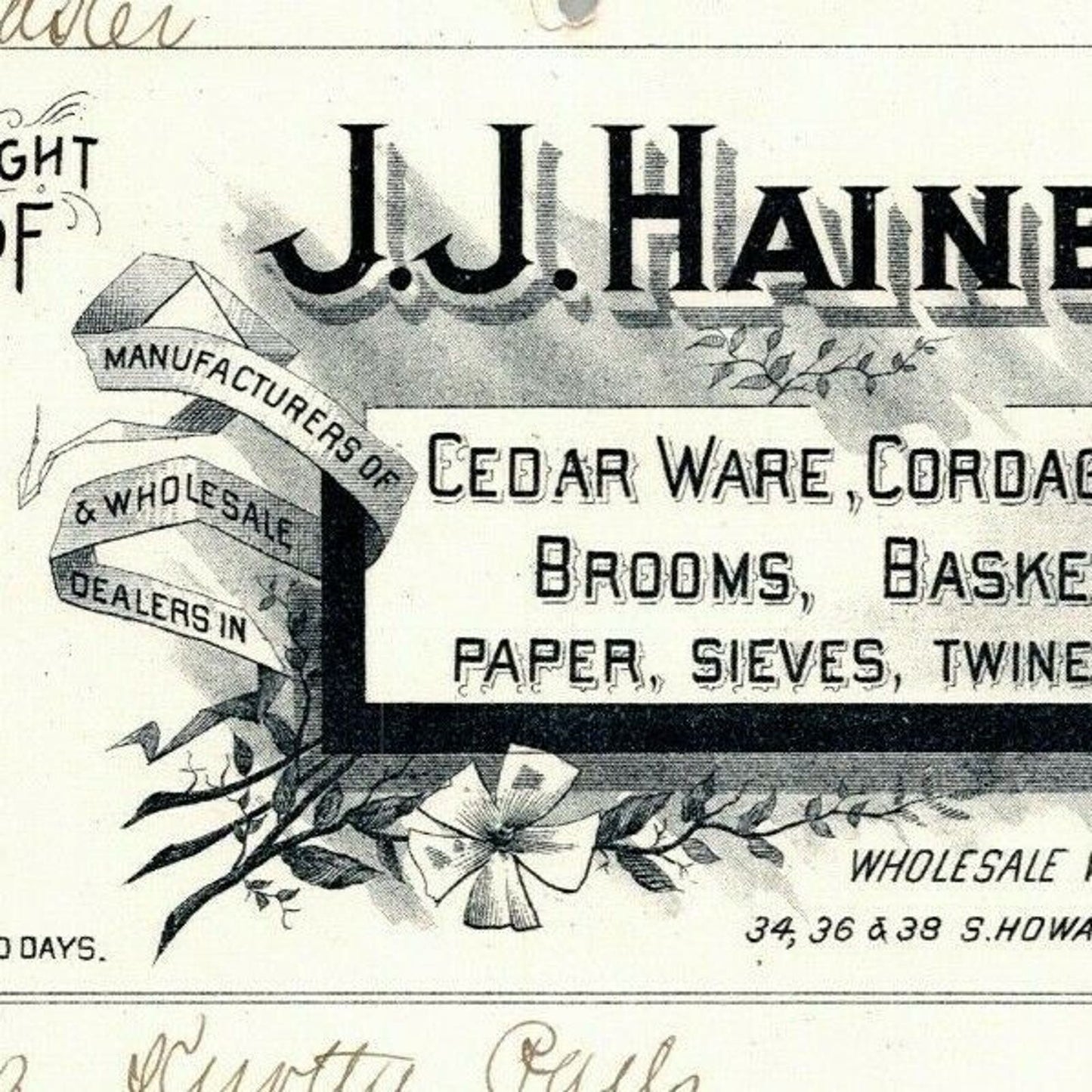 1896 Letterhead Billhead J.J. Haines Cedar Ware Brooms Baltimore Ephraim Baker*