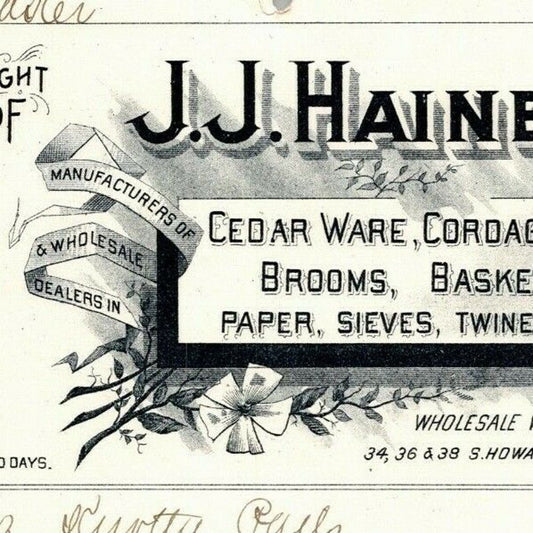 1896 Letterhead Billhead J.J. Haines Cedar Ware Brooms Baltimore Ephraim Baker*