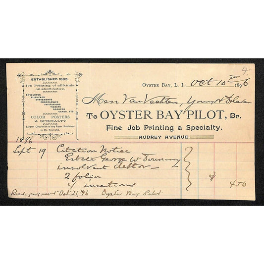 1896 Oyster Bay, LI NY Letterhead Oyster Bay Pilot - Short Notice Printing