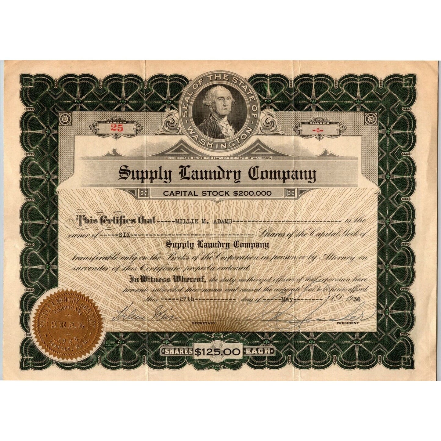 Vintage 1936 Stock Certificate "Supply Laundry Company" Washington