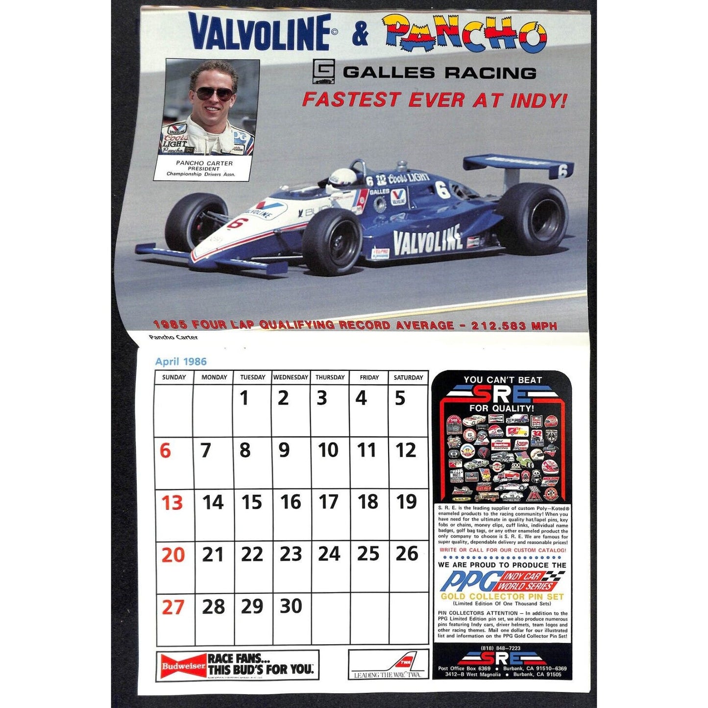1986 Indy 500 PPG CDA Championship Drivers Assoc. Calendar w/ Drivers Cars
