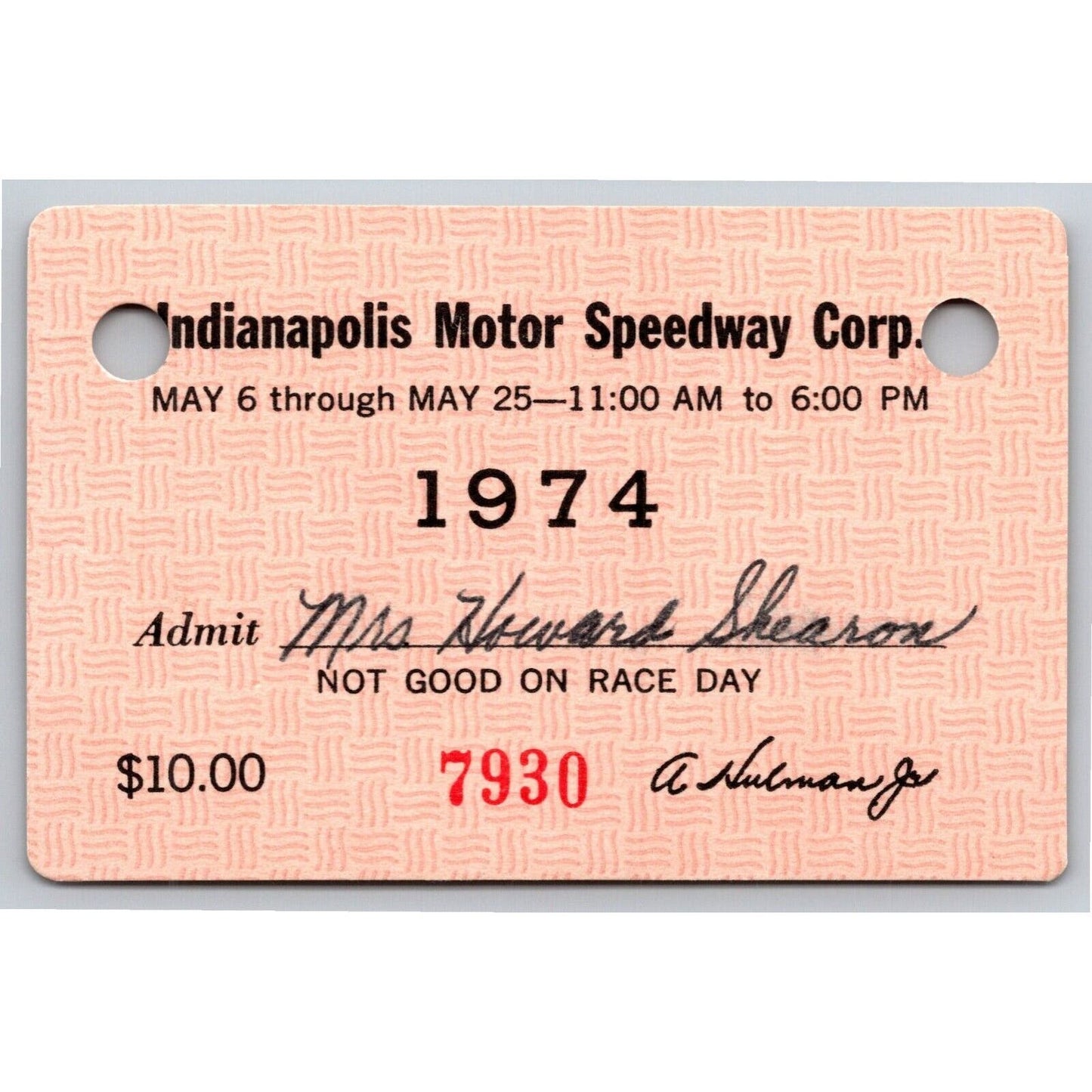 1974 Indy 500 Season Grounds Admission Ticket Pass Card Indianapolis IMS - VGC