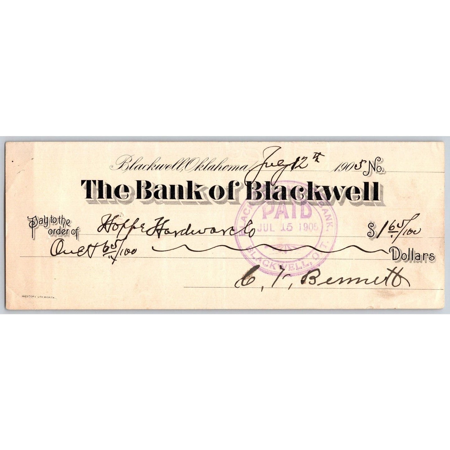 Blackwell, OK 1905 Territorial "Bank of Blackwell" $1.65 Bank Check Scarce
