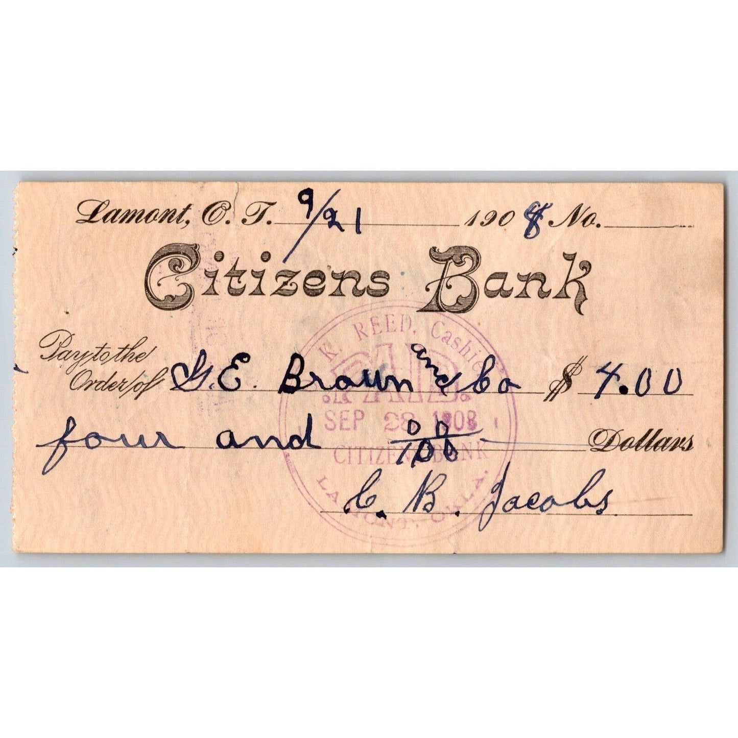 Lamont, Oklahoma 1908 "Citizens Bank" Check - Scarce
