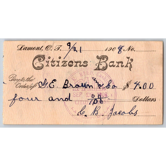 Lamont, Oklahoma 1908 "Citizens Bank" Check - Scarce