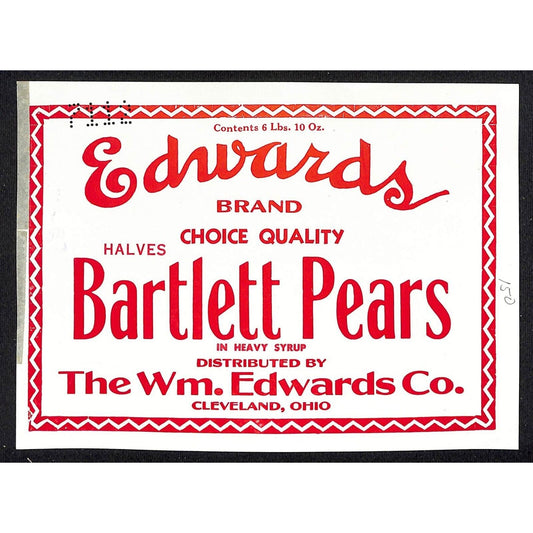 1941 Paper Can Label Edwards Brand Bartlett Pears Halves Heavy Syrup VGC Scarce