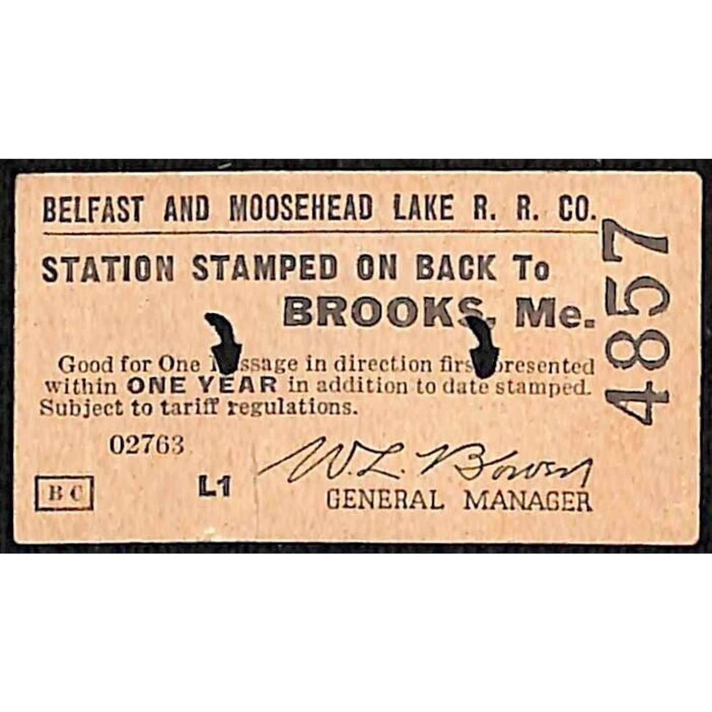 1957 Belfast and Moosehead Lake Railroad Ticket Brooks, ME #4857