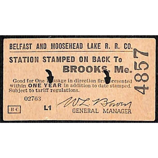 1957 Belfast and Moosehead Lake Railroad Ticket Brooks, ME #4857