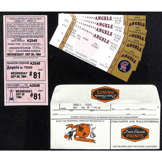 California Angels Tickets 4 Unused 9/28/94 Strike - Game Not Played
