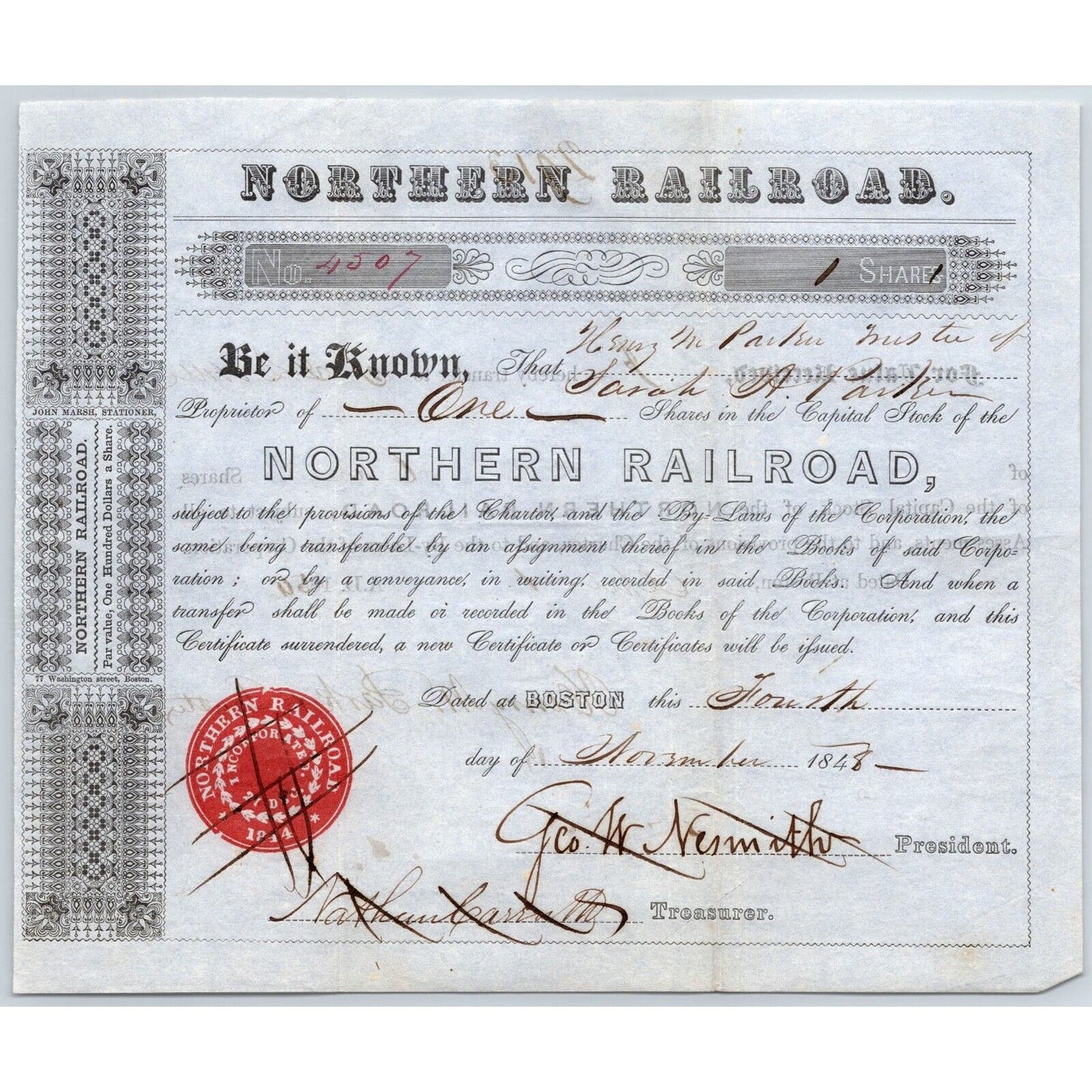 1848 Boston, MA Northern Railroad Stock Certificate No. 4507 for 1 Share
