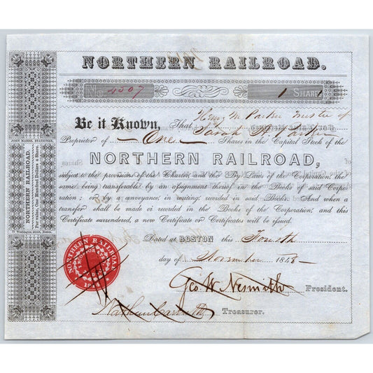 1848 Boston, MA Northern Railroad Stock Certificate No. 4507 for 1 Share