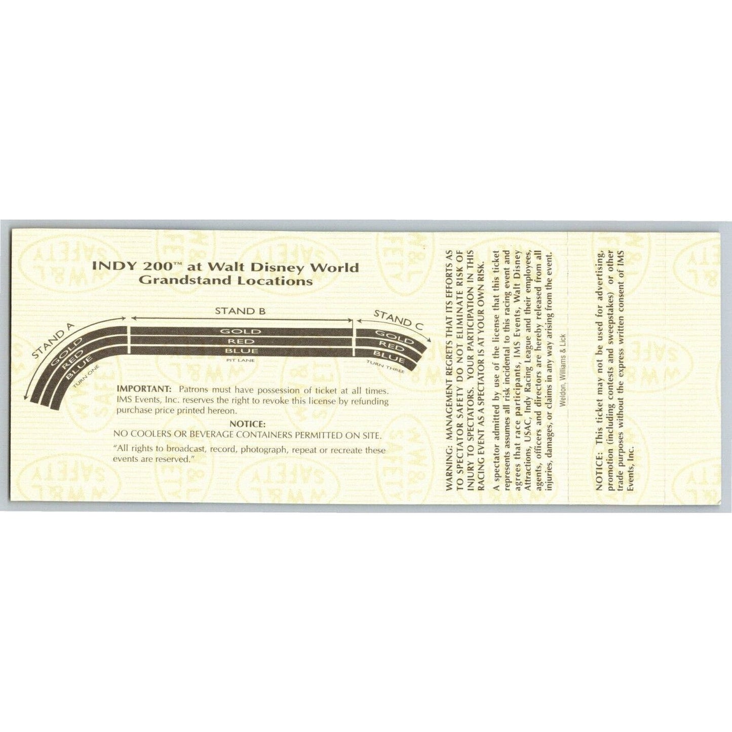 1996 Indy 200 Walt Disney World Qualifications & Practice Unused Ticket Seat 11