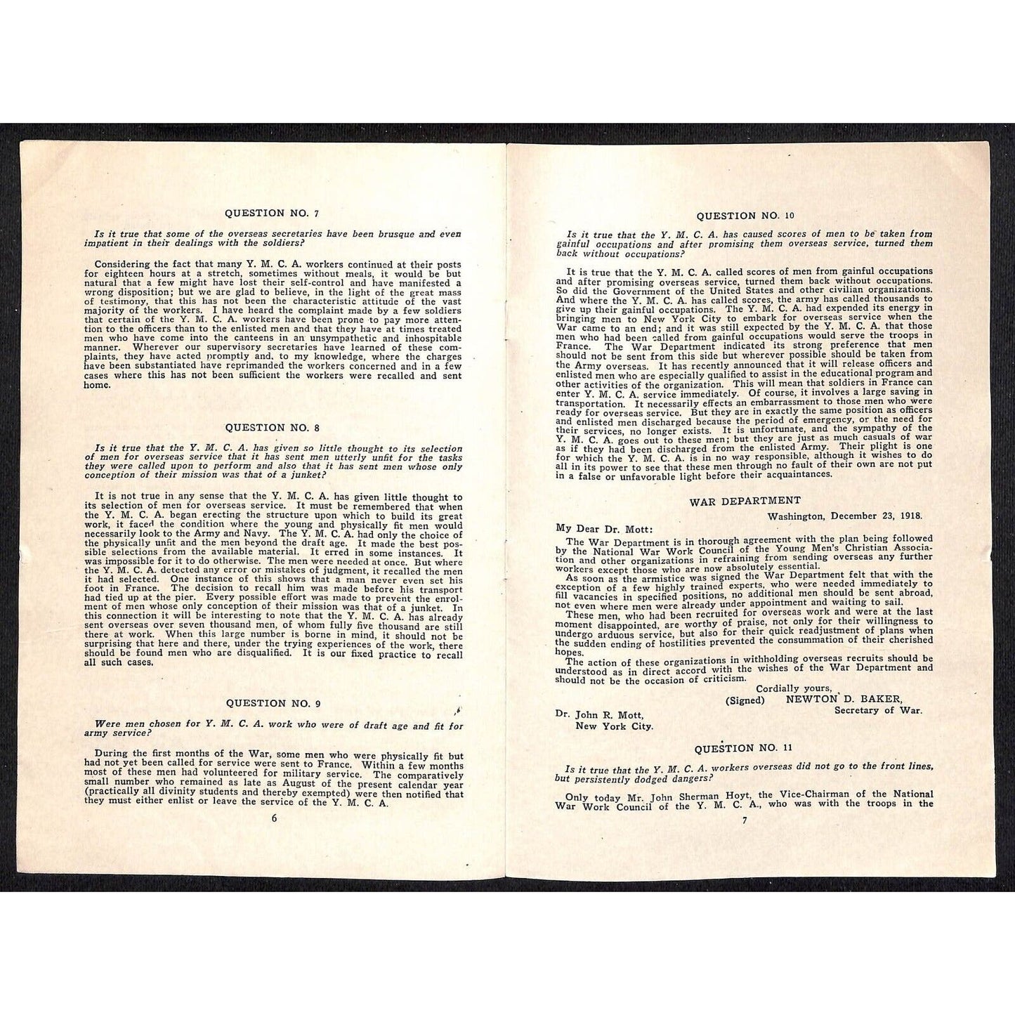 1918 "Criticisms and Answers about YMCA War Work" Pamphlet WWI Scarce 8pp VGC