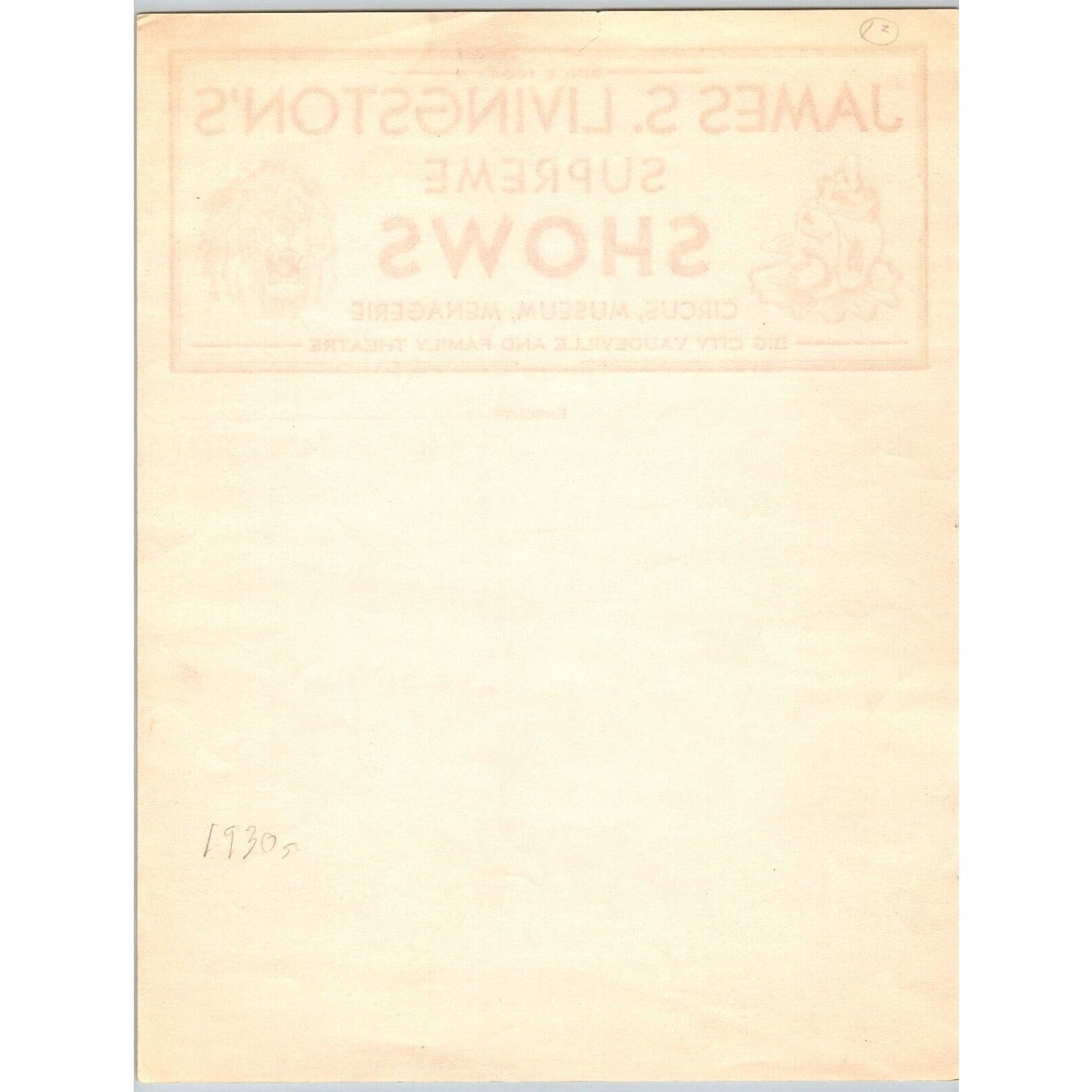 James S. Livingston's Supreme Shows Circus Letterhead c1930's Vaudeville