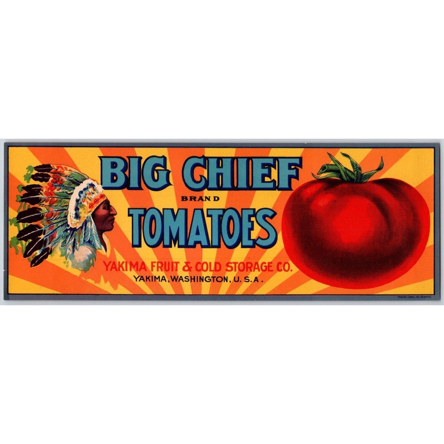 Big Chief Tomatoes Paper Crate Label Yakima, WA c1918-20's VGC