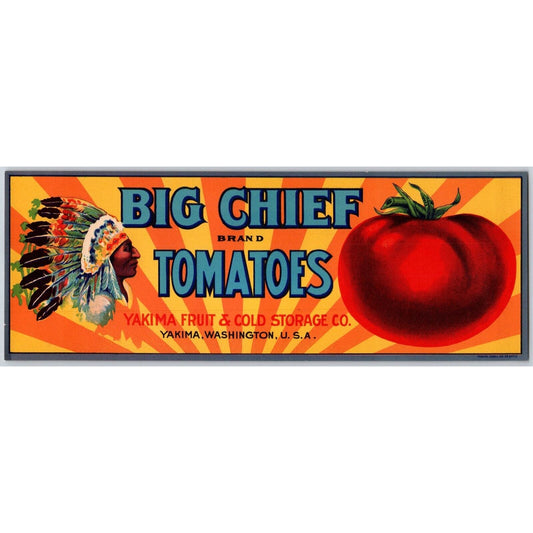 Big Chief Tomatoes Paper Crate Label Yakima, WA c1918-20's VGC