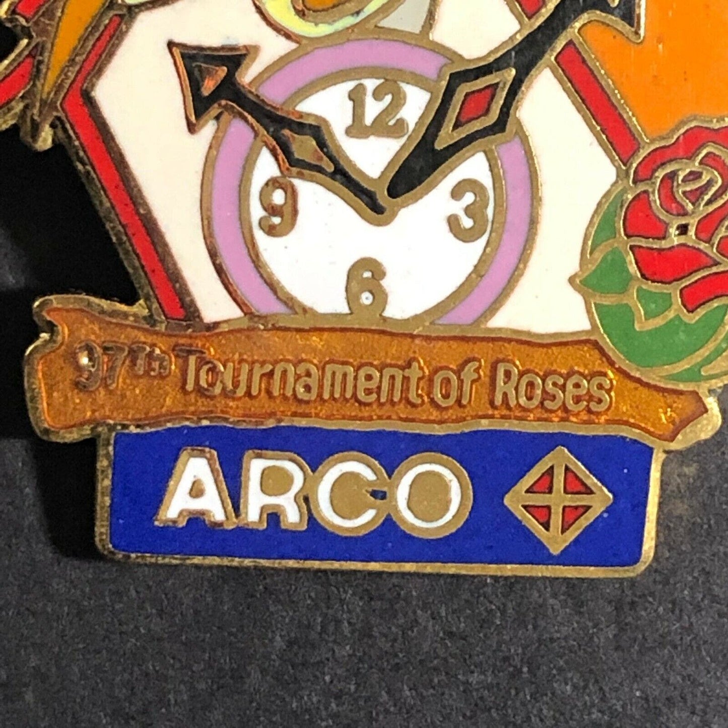 c1994 ARCO 97th Tournament of Roses Enameled Lapel Pin - Coo Coo Clock